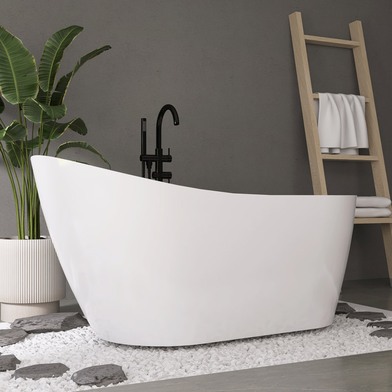 Baignoire autoportante moderne en acrylique Fslefay de 150 cm (59 po) avec trop-plein et bonde centrale pour salle de bain