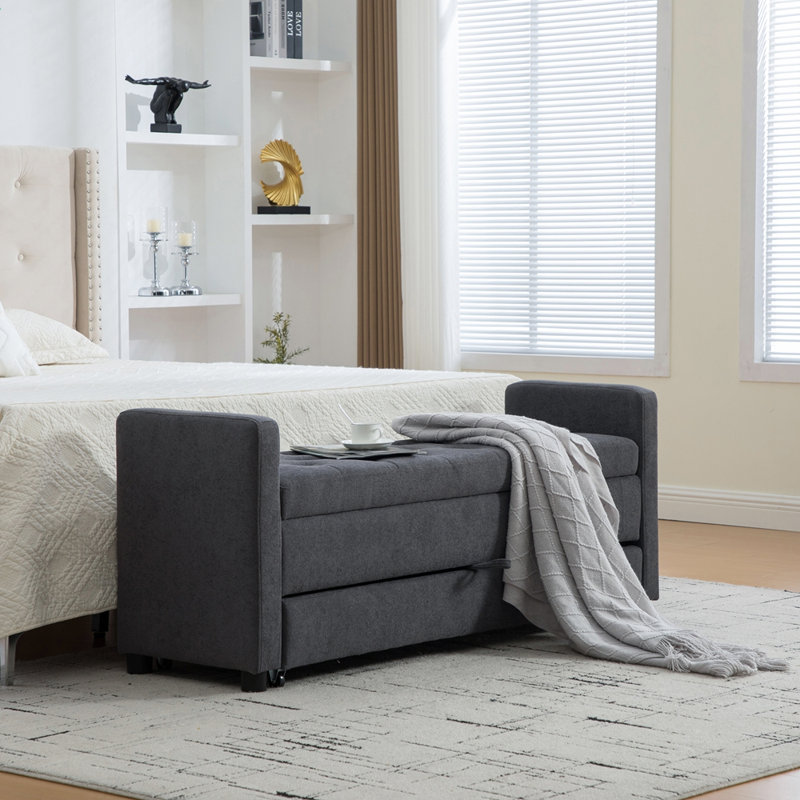 Banc de rangement rembourré moderne de 58,27 po de largeur avec double espace de rangement, Gris foncé