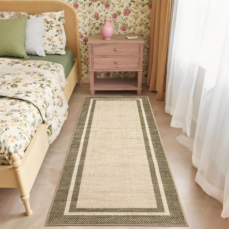Modern Bordered Area Rug Washable Rug for Living Room, Neutral Minimalist Carpet, Soft Thin Low Pile Non Shedding Floor Covering, Indoor Foldable Non Slip Mat for Bedroom
