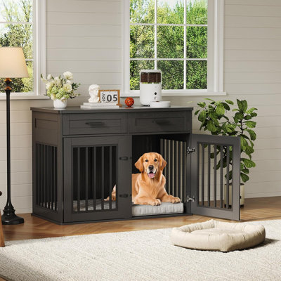 44.5" Dog Crate Furniture with Storage Drawers, Wooden Dog Kennel End Table with Sliding Barn Door, Farmhouse Pet Crate for Medium & Large Dogs