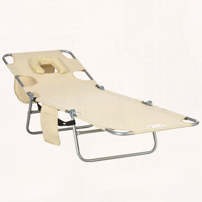Folding Beach Lounge Chair with Face Hole and 5-Level Reclining, Beige