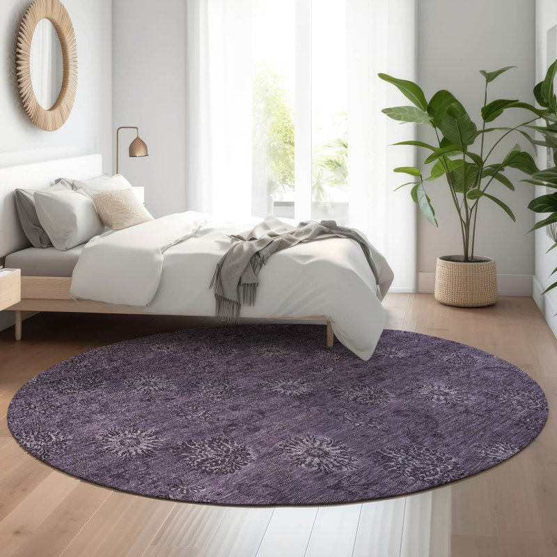 Premium Machine Washable Prisco Eggplant Rug, Round 8'