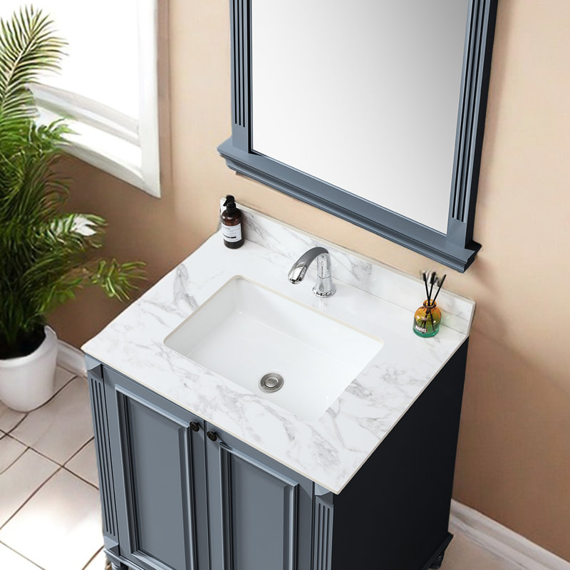 Dessus de meuble-lavabo 31 po x 22 po - Blanc pierre frittée avec lavabo rectangulaire en céramique