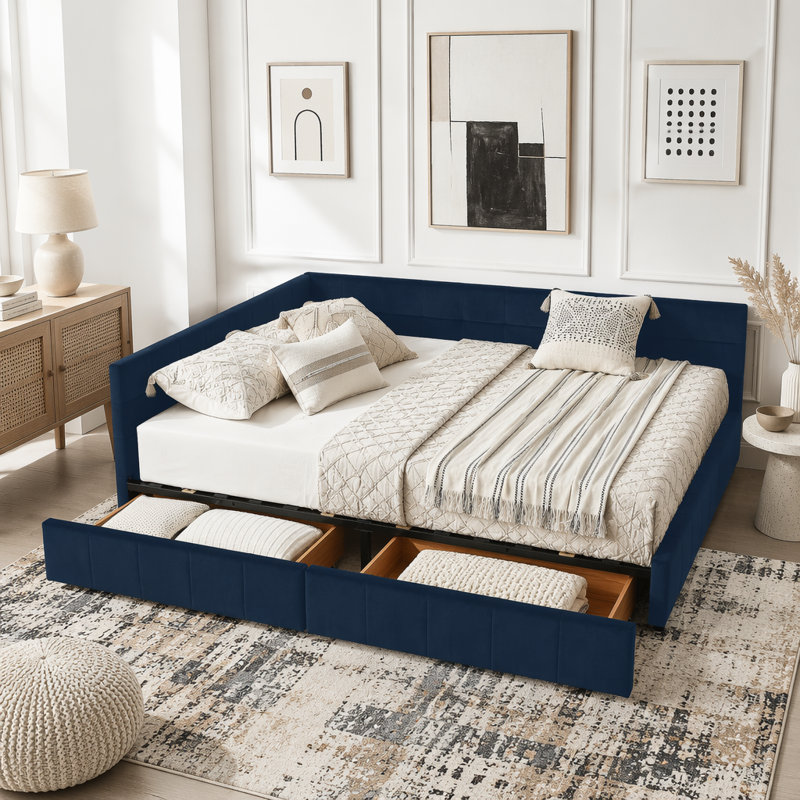 Grand lit de jour avec rangement capitonné en velours, Bleu très foncé