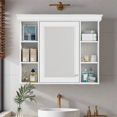 Armoire de rangement murale 35 po x 28 po avec porte miroir, armoire de salle de bain moderne avec miroir, armoire à pharmacie avec 6 tablettes ouvertes