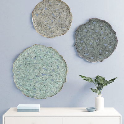 3 Metal Wall Decor With Textured Feather In Blue - 20", 17.25", 14.25" , Indoor Decorative Art Disc Blue, Use, Hook Ring Hangers