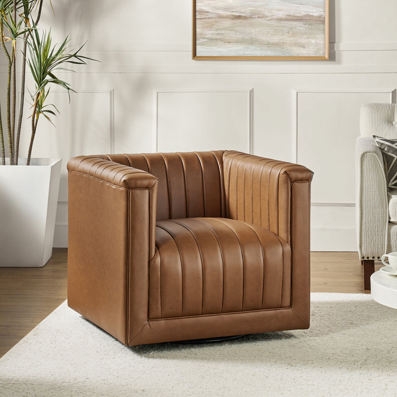 Fauteuil demi-tonneau pivotant en cuir Cadance, Similicuir brun clair
