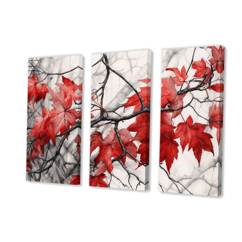«Red Grey Leaves On Tree VII» sur toile, reproduction de 3 pièces, H 28 po x l 36 po x P 1 po