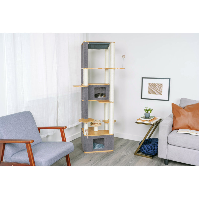 Tall Modern Sisal and Bamboo Cat Tower with Gray Felt