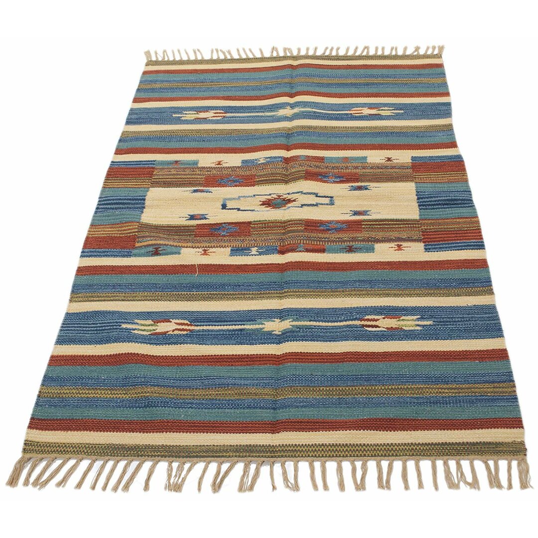 Handgefertigter Kelim-Teppich Anaheim aus Baumwolle in Beige/Blau/Rostfarben