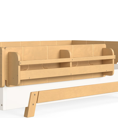 Lit simple au sol avec garde-corps pleine longueur et bibliothèque, lattes en bois massif Montessori, conception à profil bas et bloc de construction enfantin, blanc et naturel