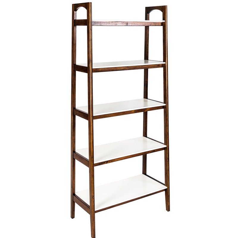 Bibliothèque élégante à 5 tablettes Mid-Century avec étagères en bois massif et matériaux robustes, Off White/Pecan
