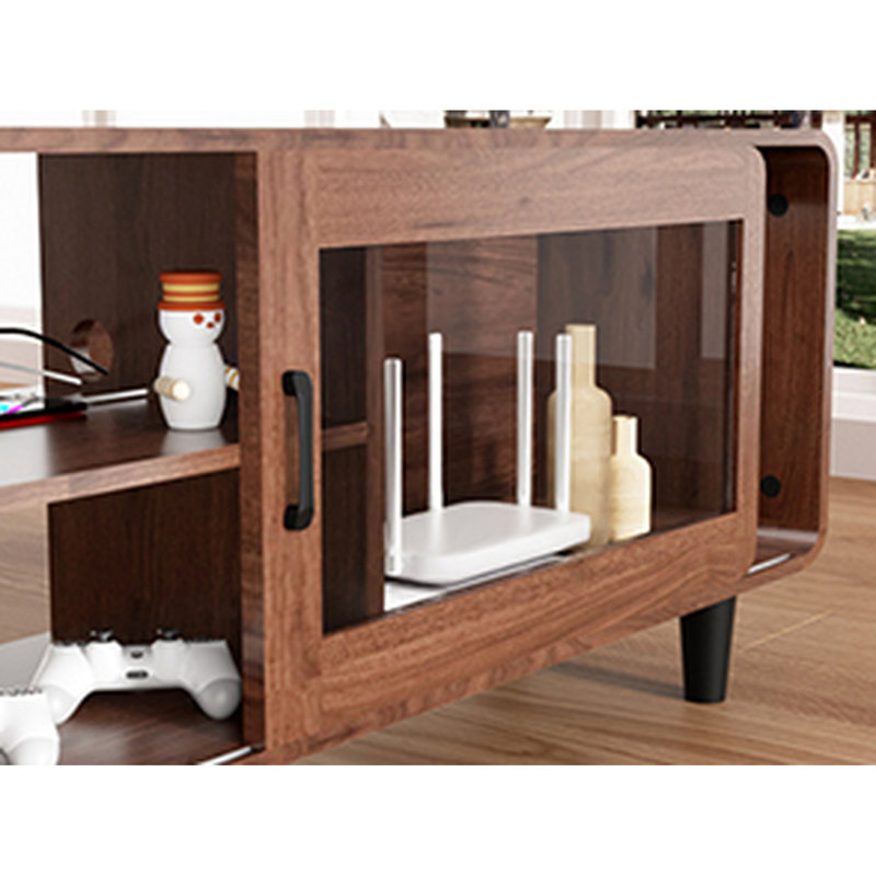 Console de télévision en bois de noyer avec portes coulissantes, prises de courant et support de rangement Mid-Century de luxe en noyer, 2 ports AC, portes