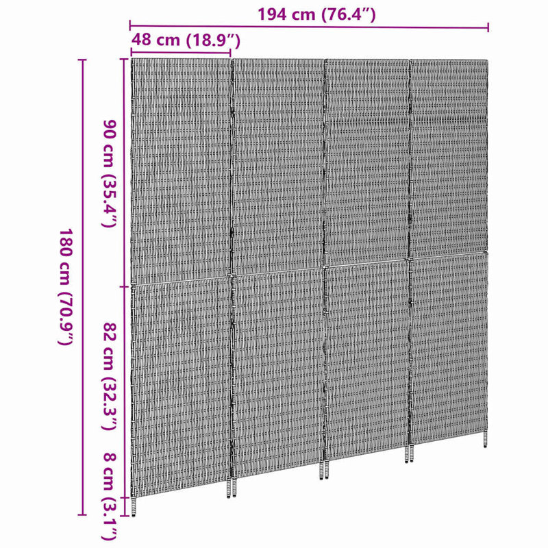 4 - Panel Folding Room Divider, 180cm H x 195cm W x 0.16cm D, Brown