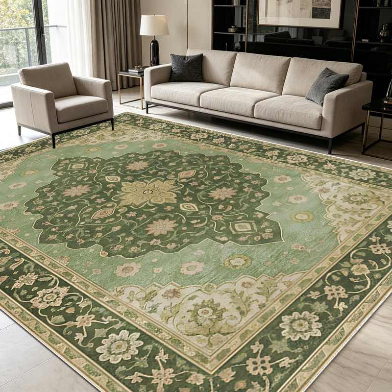 1PC Vintage Persian Medallion Sage Green Floral area rugs for Living Room, Soft and Comfortable, Suitable for all seasons, easy-to-maintain, machine washable Indoor floor mat, Under Table Farmhouse suitable for Dining Room, Bedroom, Foyer, Kitchen,