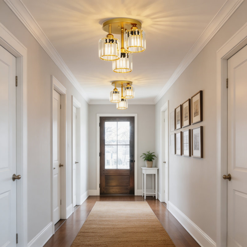 3-light Gold Semi Flush Mount Ceiling Light, Modern Crystal Fixture For Kitchen, Entryway & Bedroom, Brushed Gold