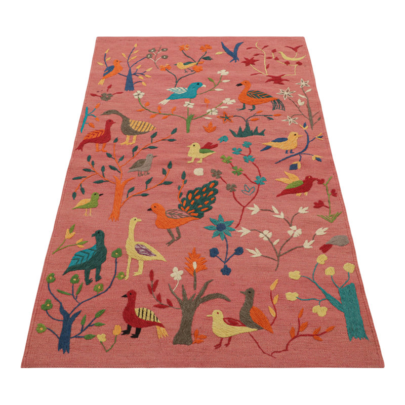 Rug & Kilim’S Suzani Style Kilim In Pink With Bird Pictorials And Florals