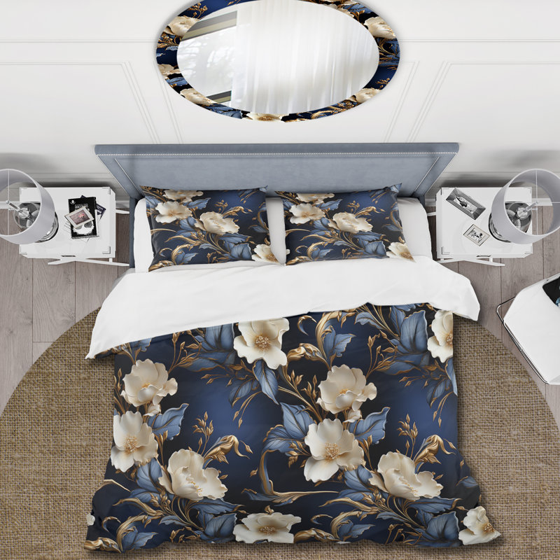 Ensemble de housse de couette à motifs dorés bleu cobalt victorien III, Housse de couette simple + 1 taie décorative stan