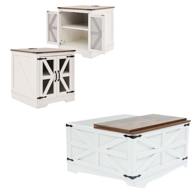 Farmhouse Furniture Set Of 3, White Coffee Table & Nightstands With Usb Charging For Living Room, Coffee Table And 2 Endtables, White