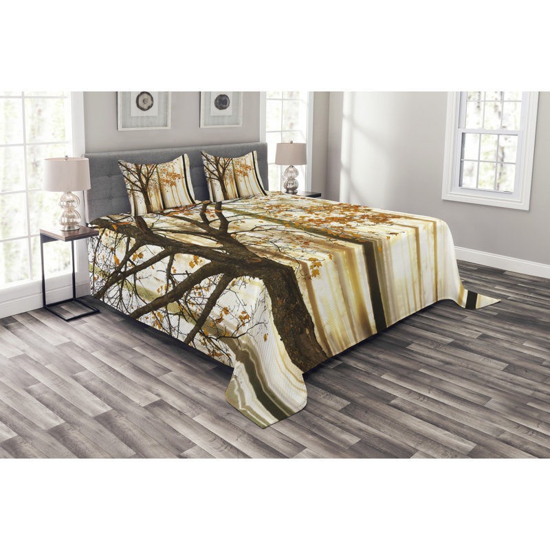 Bare Tree Branches with Tangerine Tones Fall Leaves Bedspread Set, 220 x 264 cm