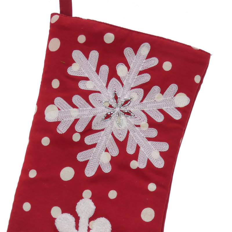 20" Red Christmas Stocking with Snowflake Embroidery and Bead Detail
