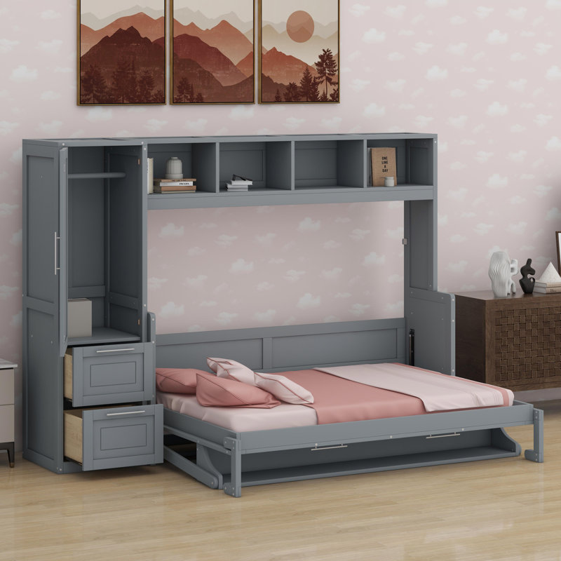 Lit escamotable Murphy avec placard et tiroirs, Gris