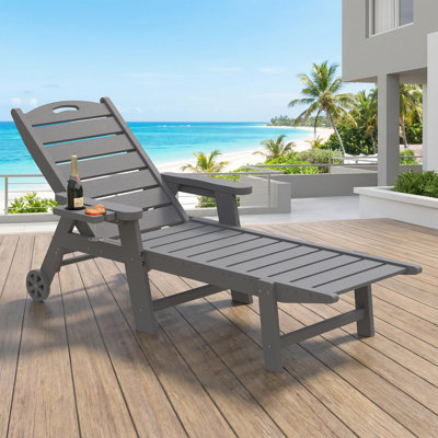 Oversized HDPE 5-Position Adjustable Outdoor Chaise Lounge Chair with Cup Holder Wheels,All-Weather Portable Reclining Patio Lounger for Deck,Poolside,Lawn,Garden,Backyard
