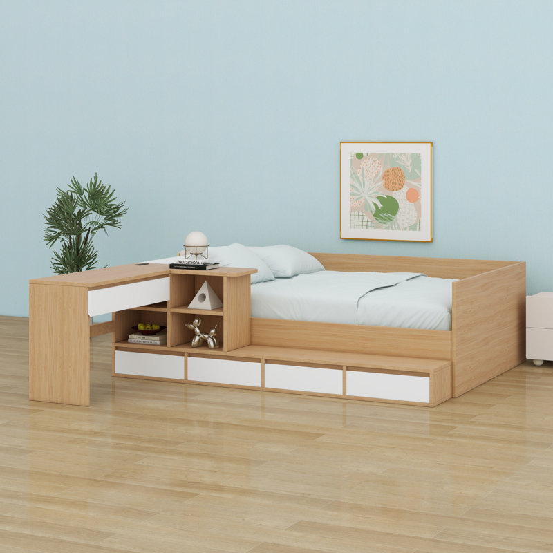 Lit plateforme en bois avec tiroirs, tablettes et coiffeuse, Naturel / Blanc