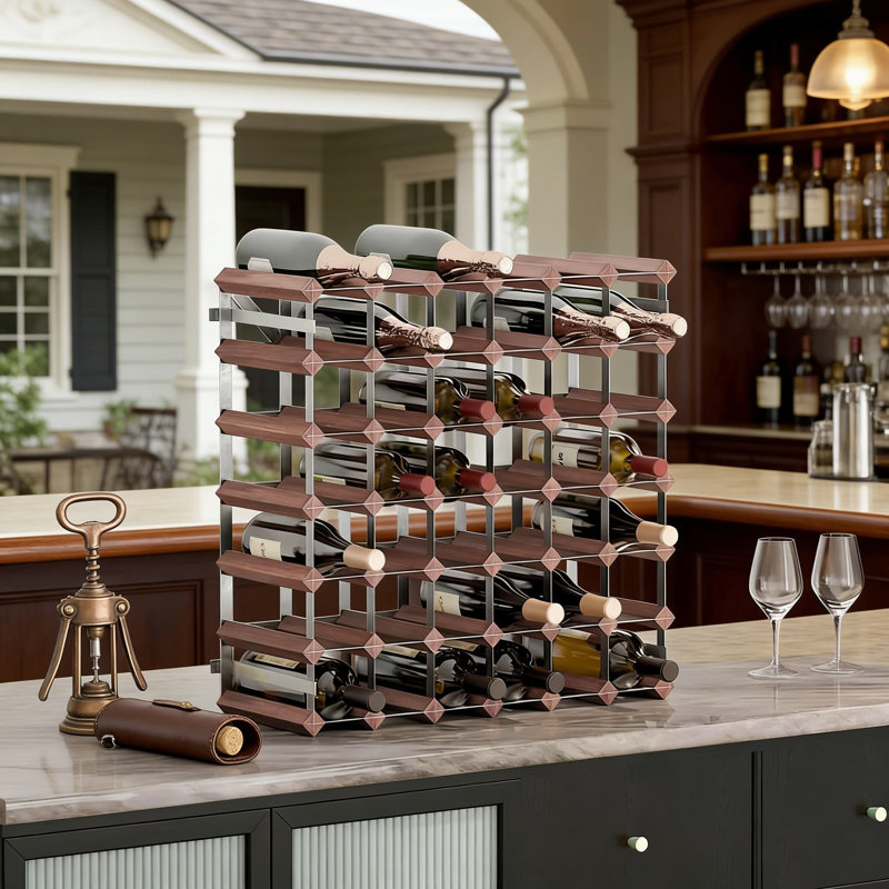 Support à vin autoportant pour 42 bouteilles, construction en bois de pin massif avec finition brun rustique, solution de décoration intérieure polyvalente et rangement pour le vin à l'intérieur