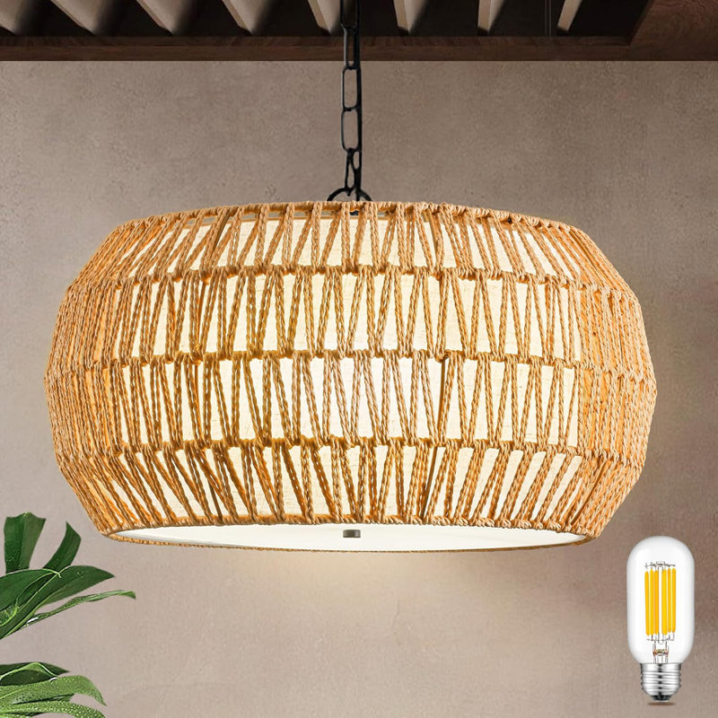 Lustre 19,7 po en rotin avec 5 lumières Boho pour salle à manger, chambre à coucher et salon - fait à la main et réglable en hauteur