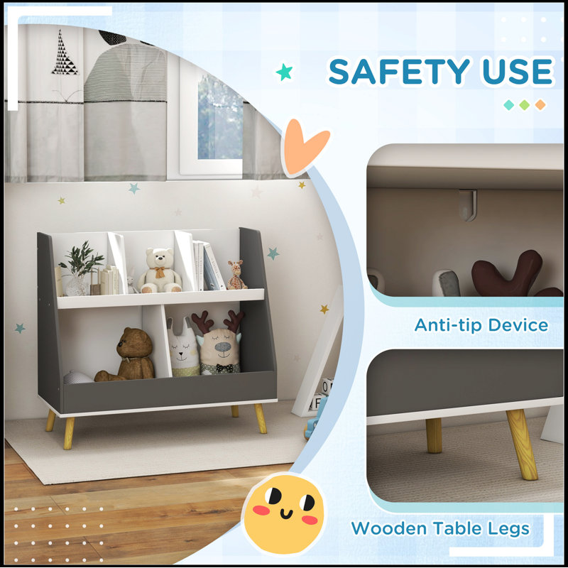 Kids Bookcase Toy Shelf, 2 Tier Toddlers Toy Storage Shelf with 5 Compartments, Anti-tip Device