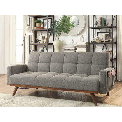 Lit convertible futon moderne en lin gris avec poches latérales et pieds transitionnels en bois massif incliné, soutien supplémentaire pour plus de durabilité
