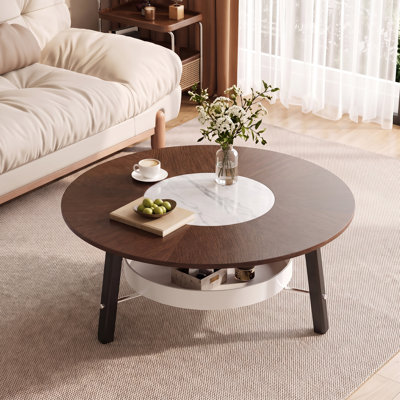 Table basse ronde de 35,43 po avec tablette de rangement, plateau en grain de bois de noyer avec incrustation de pierre frittée blanche et pieds en bois massif noir, table de centre minimaliste moderne