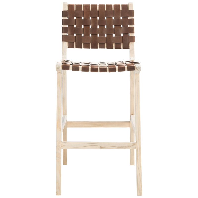Alston Upholstered Counter Stool with Solid Wood Frame, Cognac Leather/Natural Unfinished Frame