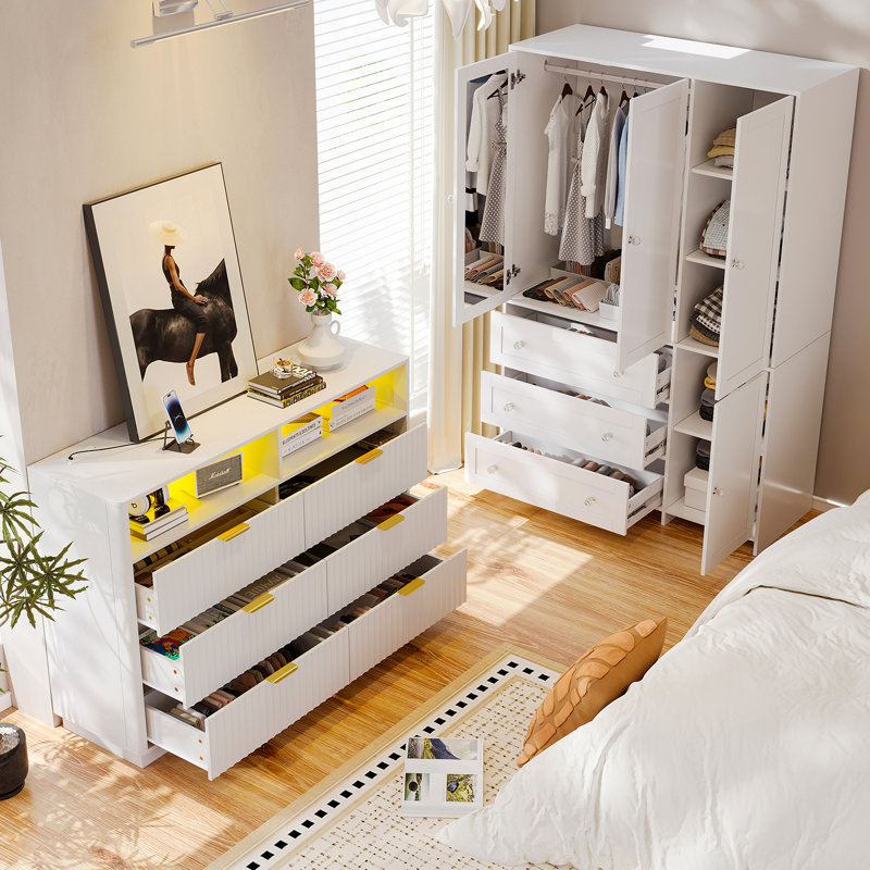 Bedroom 2-Piece Set:  Wardrobe With Mirror And Fluted 6-Drawer Chest With Led Lighting