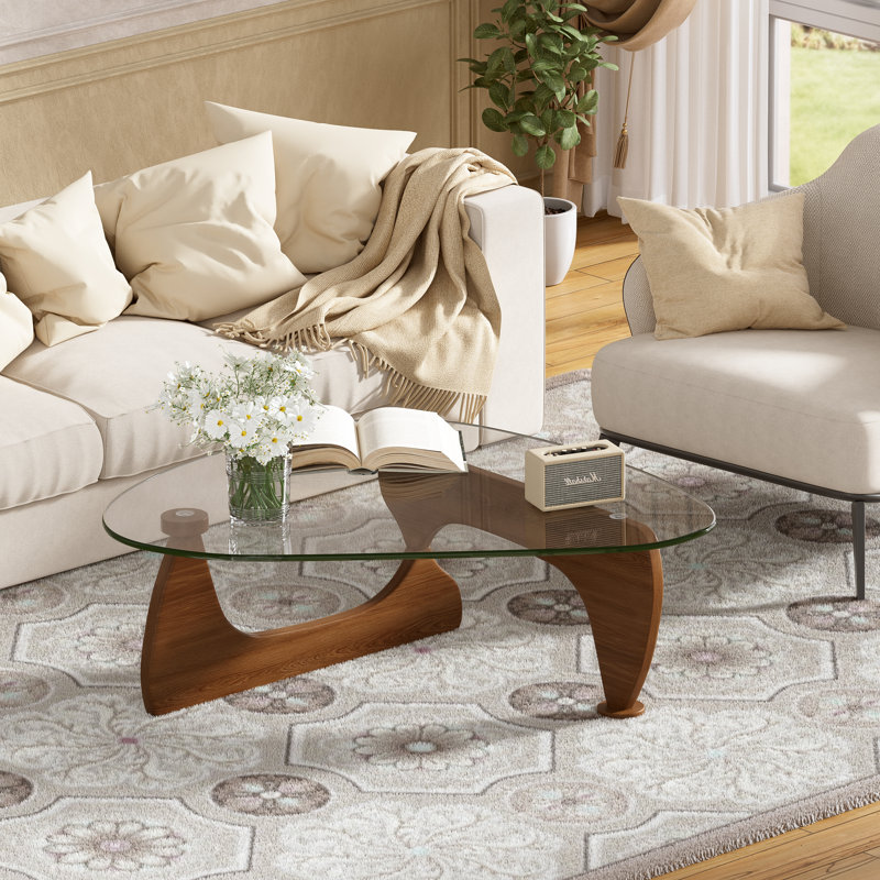 51" Triangle Glass Top Coffee Table With Solid Oak Base, Modern Minimalist Design For Living Room, Scratch-resistant Tempered Glass