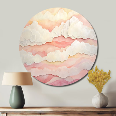 Pink Watercolor Clouds - Landscapes Large Round Metal Wall Art