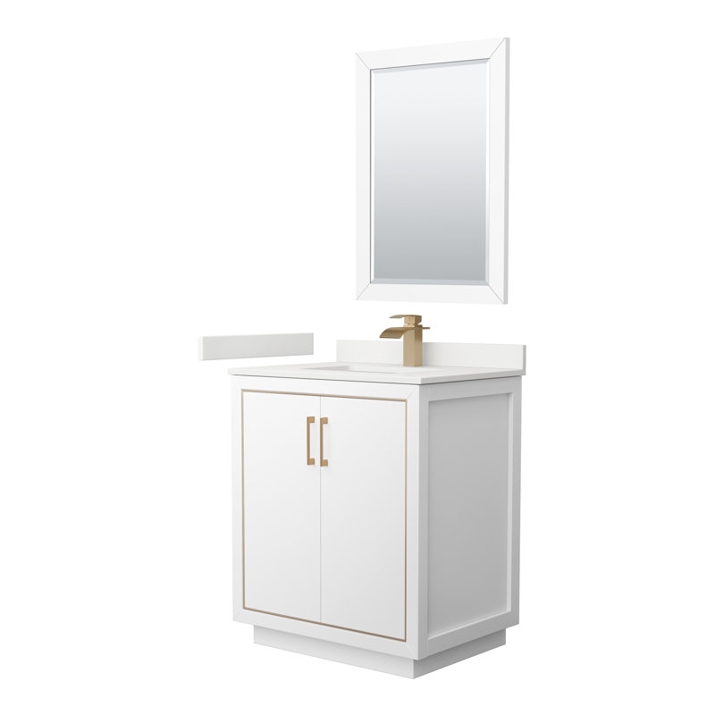 Meuble-lavabo sur pied simple 30 po avec comptoir en quartz et miroir, WDX13309, Gris foncé, Noir mat