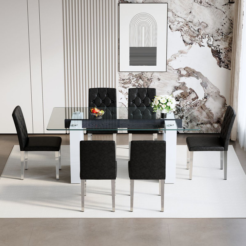 71" Modern Dining Table Set With PU Leather Chairs, Elegant Kitchen Table For Family Meals, Black, 7 Pieces: Table, 6 Chairs
