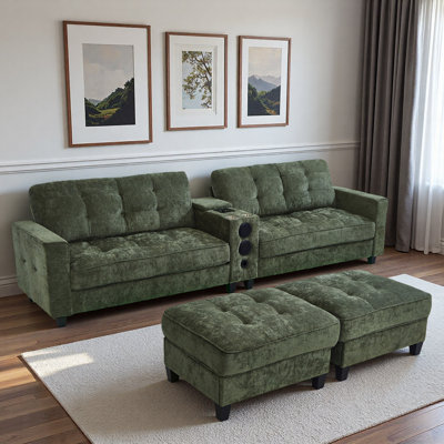 Modern U-shaped Sectional With Movable Storage Ottomans, Multifunctional Console, Bluetooth Speakers And Led Lights