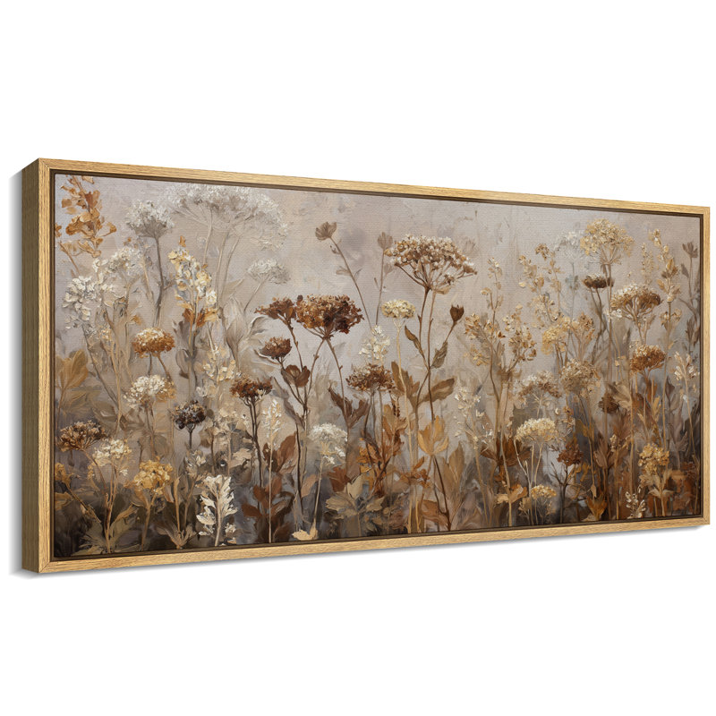 Neutral Toned Dried Wildflowers Field - Pictures Extra Large Framed Canvas Print Wall Art, Natural Floater Framed