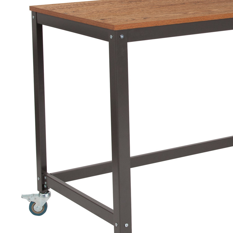 Coventry Computer Table and Desk in Brown Oak Wood Grain Finish with Metal Wheels