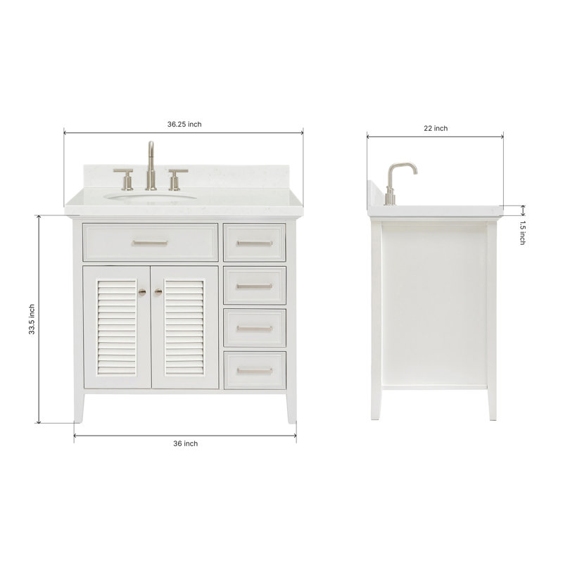 Ariel Kensington Left Offset Rectangle Single Sink Vanity, White, 36.25", Carrara White Quartz