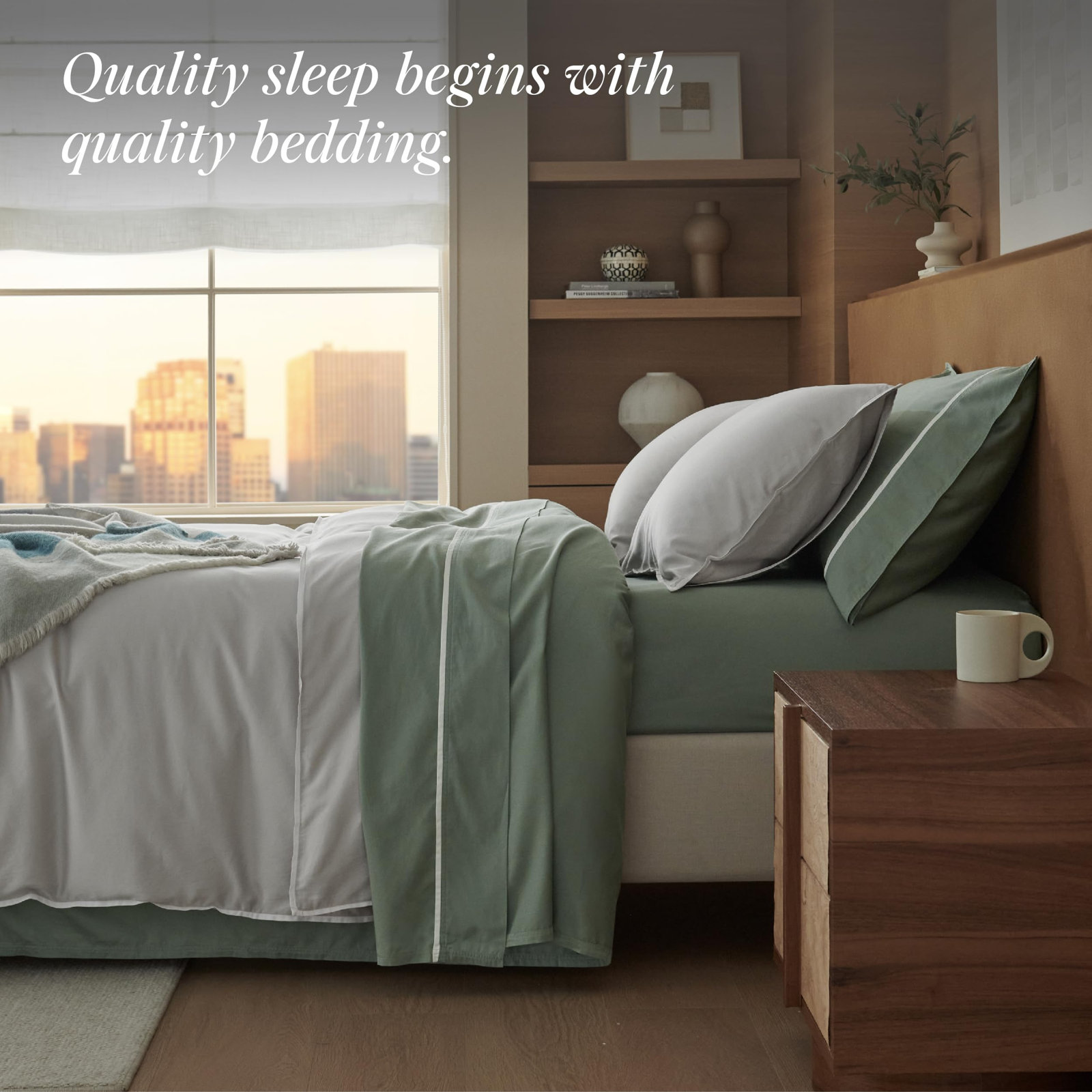 Double Stitch Sheet Set, Sage Green Contrast, California King Sheet Set