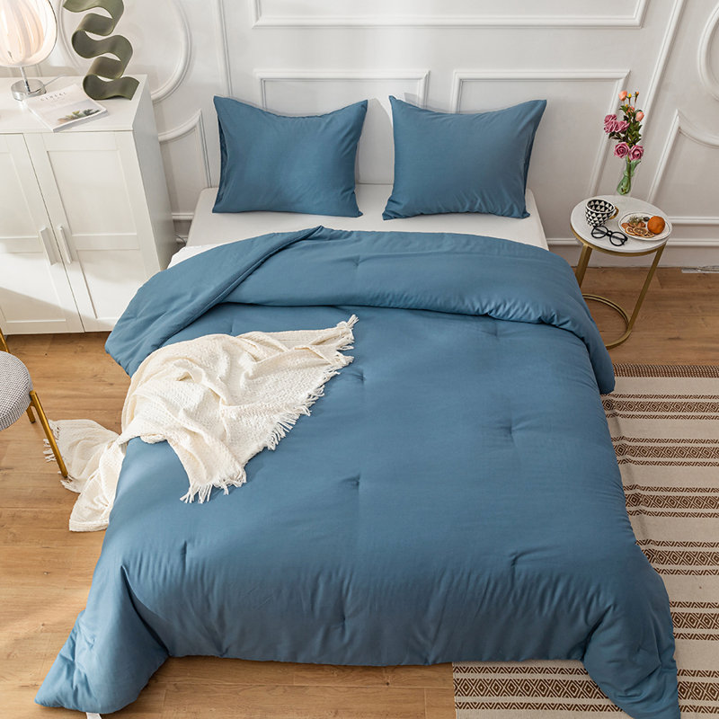 Solid Color Comforter Light Color 3 PCs Bedding Set Pure Color Bed Comforter Set, Blue, Twin Comforter + 2 Pillowcases
