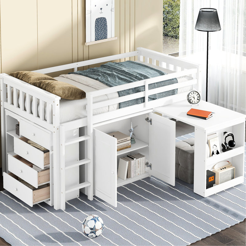 Lit mezzanine simple blanc avec espace de rangement abondant - armoire, tiroir, tablette, bureau et unités de rangement fonctionnelles