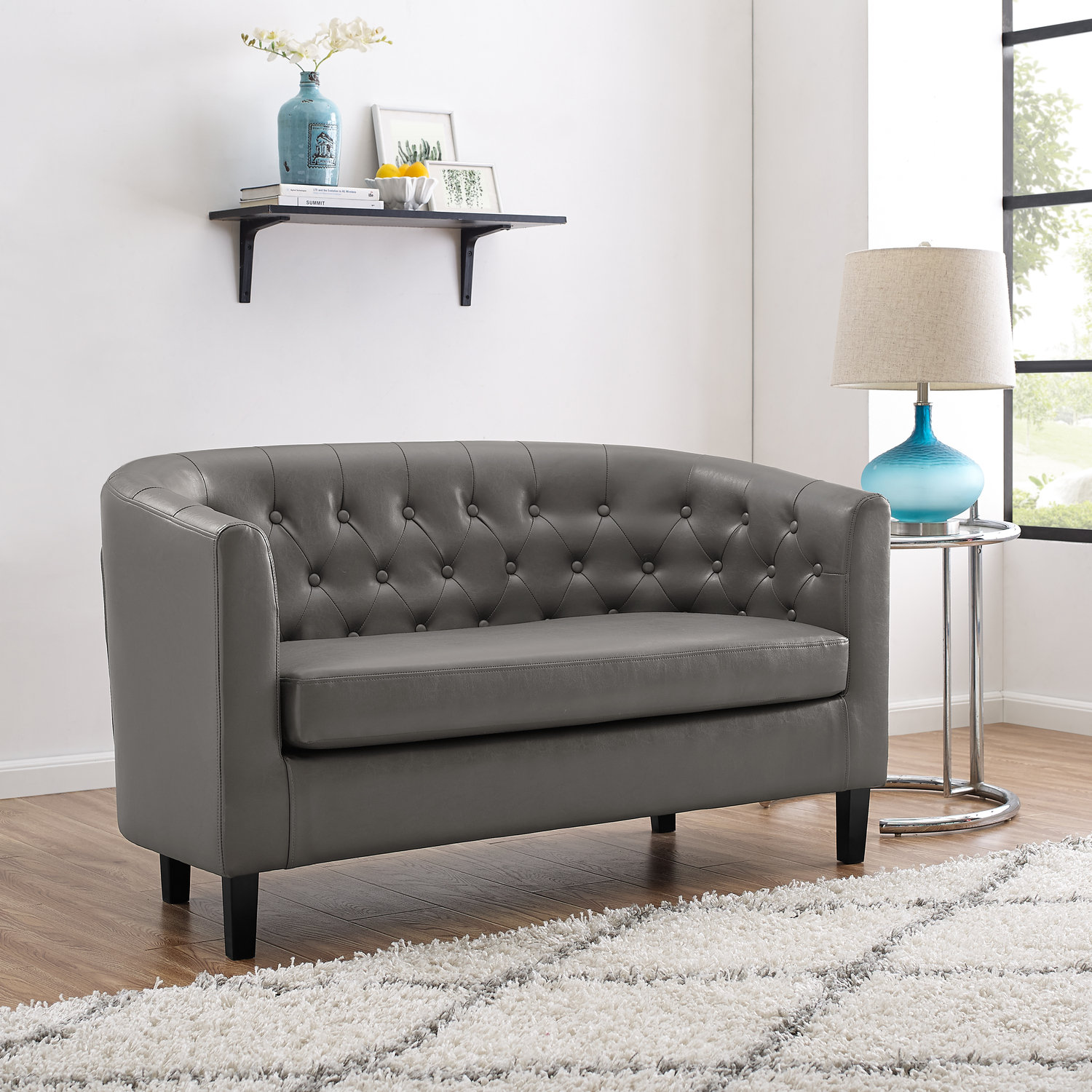 Naomi Home Faux Leather Loveseat, Button Tufted Barrel Loveseat, Midcentury Modern Loveseat