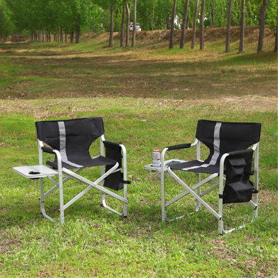 Chaise pliante rembourrée 2 pièces pour l'extérieur avec table d'appoint et poches de rangement, chaise de réalisateur surdimensionnée légère pour le camping intérieur, extérieur, les pique-niques et la pêche, noir / gris