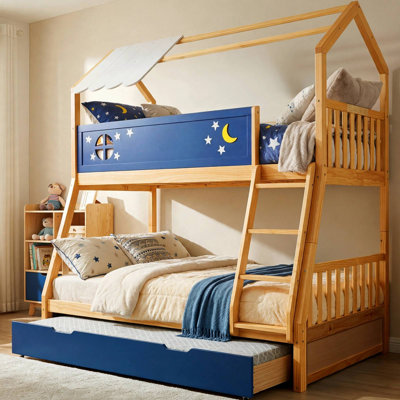 Twin Over Full Solid Wood House Bunk Bed with Trundle, Non-Toxic Finish Bed Frame with Guardrail & Stairs