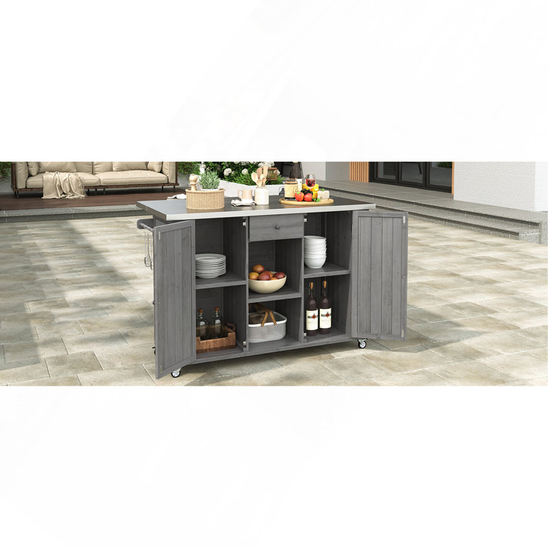 Îlot de cuisine en bois de sapin massif avec comptoir en acier inoxydable, porte-serviettes et ouvre-bouteille, gris
